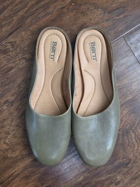 Born Olive Green Leather Slip-On Ballet Flats